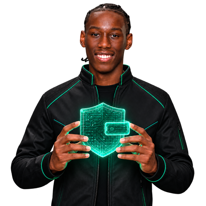 Khalil Bot mascot holding a holographic wallet security shield